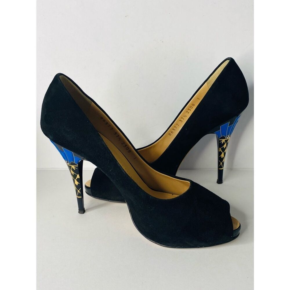 Giuseppe Zanotti Black Suede Pumps with Blue & Gold Patterned Heels